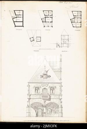 Stössel Karl (1873-1915), Ratswaage. Compétition mensuelle janvier 1900 (01,1900): Plan d'étage sous-sol, rez-de-chaussée, étage supérieur, grenier, section transversale 1: 200; avant supérieur (vue du marché) 1:50; 2 bandes d'échelle. Encre sur carton, 60,3 x 42,7 cm (y compris les bords de numérisation) Stössel Karl (1873-1915): Ratswaage. Monatskonkurrenz Januar 1900 Banque D'Images