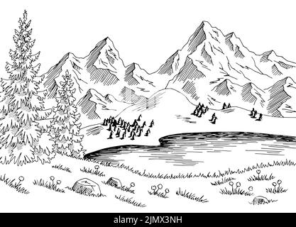 Mountain Lake graphique noir blanc paysage dessin illustration vecteur Illustration de Vecteur