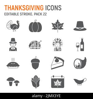 Ensemble d'icônes de glyphe de Thanksgiving, collection d'automne, graphiques vectoriels, illustrations de logo, icônes de vecteur de jour de Thanksgiving, affiches de vacances, pictogrammes pleins, trait modifiable Illustration de Vecteur