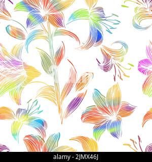 Lys de fleurs multicolores à motifs sans couture. Illustration vectorielle. Fond ornemental dessiné à la main. Illustration de Vecteur