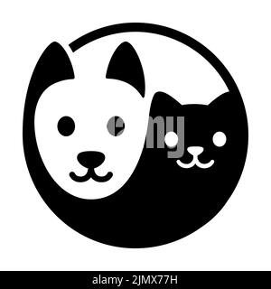 Symbole yin yang de chat et de chien. Simple et mignon dessin animé blanc chien et noir visage de chat. Illustration vectorielle isolée. Illustration de Vecteur