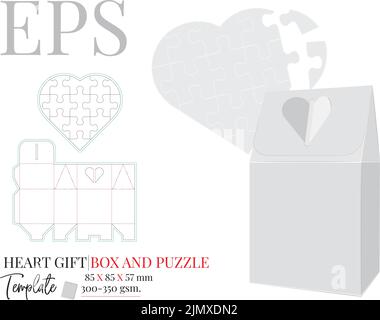 Boîte décorative avec gabarit de découpe en acier et maquette 3D avec casse-tête en forme de coeur. Illustration de Vecteur