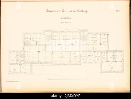 Architecte inconnu, séminaire d'enseignants, Saarburg (env 1889/1890) : contenu du plan N.N. détecté. Lithographie colorée et colorée sur papier, 49,4 x 69,5 cm (y compris les bords de numérisation) N.N. : Lehrerinnenseminar, Saarburg Banque D'Images