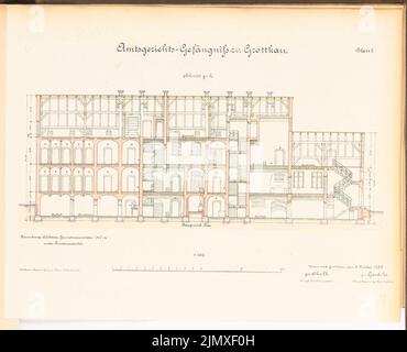 Architecte inconnu, prison du tribunal de district de Grottkau (1889-1890): Section longitudinale 1: 100. Lithographie colorée sur papier, 39,7 x 49 cm (y compris les bords de numérisation) N.N. : Amtsgerichtsgefängnis, Grottkau Banque D'Images