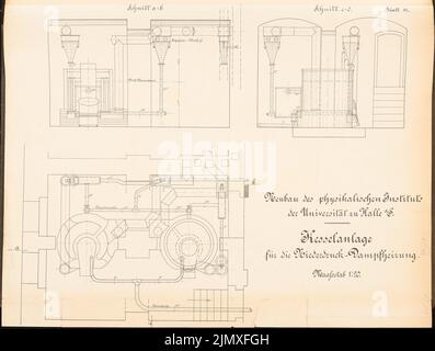 Kilburger Otto, Institut de physique de l'Université Martin Luther Halle/Saale (1887-1890): Système de chaudière: 2 coupes et plan de sol. Lithographie sur papier, 52,2 x 69,1 cm (y compris les bords de balayage) Kilburger Otto : Physikalisches Institut der Martin-Luther-Universität Halle/Saale Banque D'Images