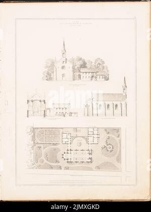 Soller August (1805-1853), Eglise catholique de Görlitz. De : dessins sur les églises, les paroissiaux et les écoles, éd. du KGL. Prusse. Oberbau deputation, 1845-1855) (1845-1845): Vue de l'avant, vue latérale, plan d'étage avec jardin. Couture sur papier, 57,5 x 42,9 cm (y compris les bords de numérisation) Soller août (1805-1853): Katholische Kirche, Görlitz. AUS: Entwürfe zu Kirchen, Pfarr- und Schulhäusern, hrsg. Von der KGL. Preuß. Oberbaudeputation, 1845-1855) Banque D'Images