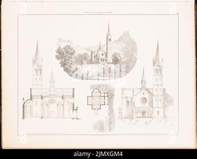 Soller août (1805-1853), Église catholique de Bertrich. (De: Dessins sur les églises, les maisons paroissiales et scolaires, éd. de la théorie royale prussienne de la superstructure, 1845-1855) (1845-1845): Vue en perspective, coupe transversale, plan d'étage, vue. Couture sur papier, 43,4 x 57,3 cm (y compris les bords de numérisation) Soller août (1805-1853): Katholische Kirche, Bertrich. (AUS: Entwürfe zu Kirchen, Pfarr- und Schulhäusern, hrsg. Von der KGL. Preuß. Oberbaudeputation, 1845-1855) Banque D'Images