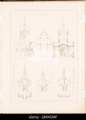 Soller août (1805-1853), Église catholique de Bertrich. (De: Dessins aux églises, maisons paroissiales et écoles, éd. de la description de la superstructure prussienne royale, 1845-1855) (1845-1845): Vue de choeur, plan d'étage, coupe transversale, trois vues de l'avant avec la façade coupée. Impression sur papier, 57,4 x 43,5 cm (y compris les bords de numérisation) Soller août (1805-1853): Katholische Kirche, Bertrich. (AUS: Entwürfe zu Kirchen, Pfarr- und Schulhäusern, hrsg. Von der KGL. Preuß. Oberbaudeputation, 1845-1855) Banque D'Images