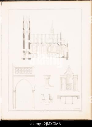 Soller August (1805-1853), Église catholique de Saint Nicolai zu Breslau. (De: Dessins sur les églises, les maisons paroissiales et scolaires, éd. de la description de la superstructure prussienne royale, 1845-1855) (1845-1845): Section longitudinale, quatre détails. Impression sur papier, 57,5 x 43,7 cm (y compris les bords de numérisation) Soller août (1805-1853): Katholische Kirche St. Nicolai, Breslau. (AUS: Entwürfe zu Kirchen, Pfarr- und Schulhäusern, hrsg. Von der KGL. Preuß. Oberbaudeputation, 1845-1855) Banque D'Images