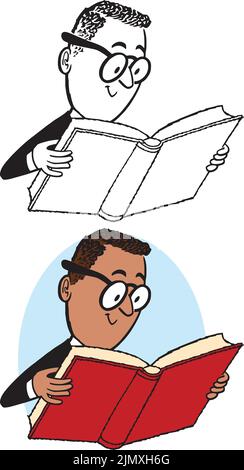 Un dessin animé rétro vintage d'un homme d'affaires portant des lunettes de lecture d'un livre. Illustration de Vecteur