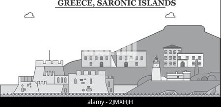 Grèce, Iles Saroniques ville horizon illustration vectorielle isolée, icônes Illustration de Vecteur