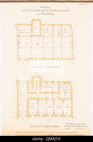 Architecte inconnu, Eichamt à Magdebourg (env 1893): Grundrisse DG et KG. Lithographie colorée sur papier, 48,9 x 33,7 cm (y compris les bords de numérisation) Banque D'Images