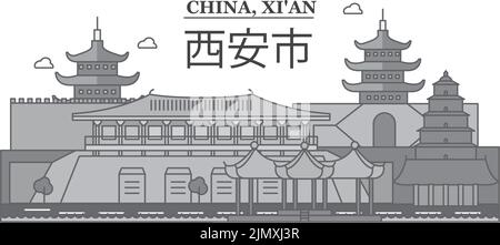 Chine, Xian ville Skyline illustration vectorielle isolée, icônes Illustration de Vecteur
