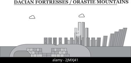 Roumanie, forteresses de Dacian, Orastie montagnes ville horizon isolé illustration vectorielle, icônes Illustration de Vecteur