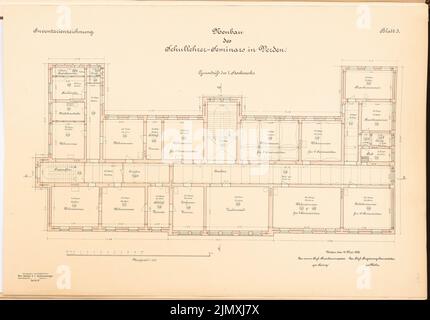 Architecte inconnu, séminaire d'enseignants à Verden (env 1893/1894): plan d'étage 1: 100. Lithographie colorée sur papier, 44 x 63 cm (y compris les bords de numérisation) Banque D'Images