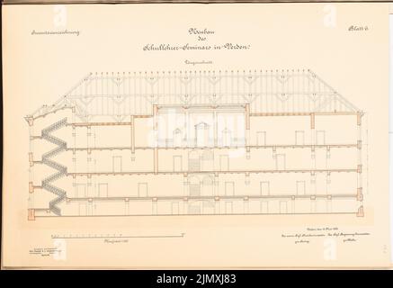 Architecte inconnu, séminaire d'enseignants à Verden (env 1893/1894): section longitudinale 1: 100. Lithographie colorée sur papier, 43,3 x 63 cm (y compris les bords de numérisation) Banque D'Images