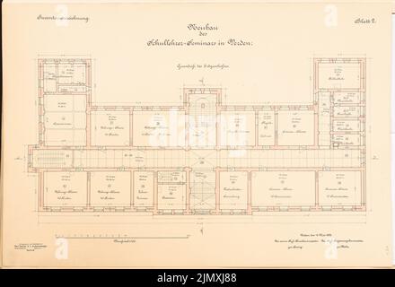 Architecte inconnu, séminaire d'enseignants à Verden (env 1893/1894): Grundriss EG 1: 100. Lithographie colorée sur papier, 43 x 63 cm (y compris les bords de numérisation) Banque D'Images