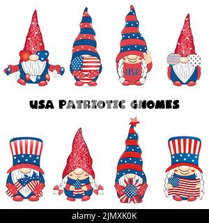 4th de la collection de gnomes patriotique américains de juillet. Illustration de Vecteur