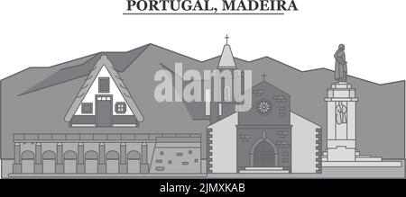 Portugal, ville de Madère, illustration vectorielle isolée, icônes Illustration de Vecteur