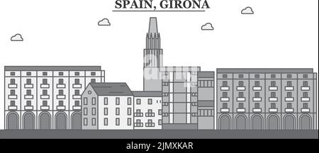 Espagne, ville de Gérone illustration vectorielle isolée, icônes Illustration de Vecteur