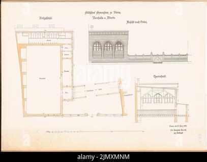 Architecte inconnu, Stiftisches Gymnasium, Düren (env 1896): gym et abandon: plan d'étage, vue est, coupe transversale. Lithographie sur papier, 48,5 x 65,8 cm (y compris les bords de numérisation) Banque D'Images