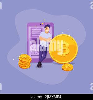 le gars se pencha sur une pièce de bitcoin en arrière-plan une tablette avec des infographies à l'écran et des piles brillantes de pièces de bitcoin Illustration de Vecteur