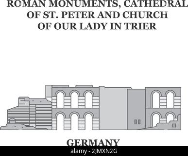 Allemagne, Trèves, monuments romains, Cathédrale Saint-Pierre et Eglise notre-Dame, horizon de la ville illustration vectorielle isolée, icônes Illustration de Vecteur