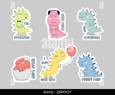 Ensemble d'autocollants dessins animés dinosaures. Illustration de Vecteur