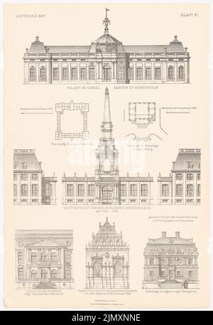 N.N., Palais dans la Königl. Jardin et château de Hirschholm. Hermitage Jägersburg. (Depuis : l'architecture de la Renaissance au Danemark et en Suède, éd. V. Sign Out (1875-1875) : vue sur l'écluse du jardin, vue principale, vue latérale, plan d'étage Hirschholm, vue sur la chapelle de la cathédrale de Roeskilde, plan d'étage. Pression sur le papier, 53 , 6 x 36,8 cm (y compris les bords de numérisation) Banque D'Images