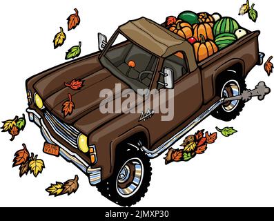 camion de citrouille 4x4 marron avec feuilles Illustration de Vecteur