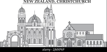 Nouvelle-Zélande, ville de Christchurch, illustration vectorielle isolée, icônes Illustration de Vecteur
