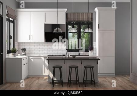 Salle à manger design avec vue blanc cuisine classique et île avec chaises. Appartement lumineux d'illustration de 3D rendu de haute qualité. Banque D'Images