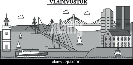 Russie, Vladivostok ville horizon isolé illustration vectorielle, icônes Illustration de Vecteur