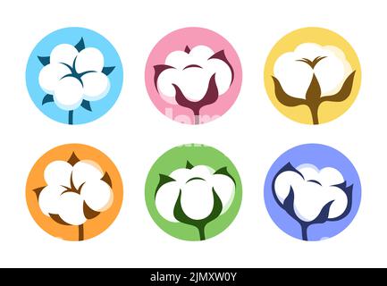 Ensemble de dessin animé à motif fleurs en coton. Symbole de fibre douce en fleur naturelle. Herbe d'icône botanique, verdure rustique tendance. Coton mûr emblème de fibre de boll monochrome vecteur isolé Illustration de Vecteur