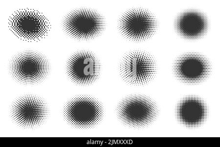 Ensemble de motifs de dégradé bande dessinée noir. Points à l'aide d'un cercle demi-ton étoile points hexagonaux texture raster. Pop art à pois. Formes rondes ombrées. Effet de gradation abstrait par pulvérisation de points Illustration de Vecteur