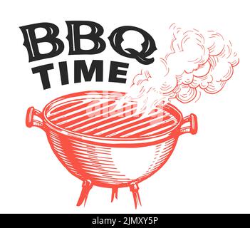 Heure du barbecue. Partie barbecue. Modèle de conception pour le menu du restaurant ou du grill-bar. Illustration vectorielle d'esquisse dessinée à la main Illustration de Vecteur