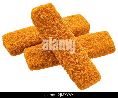 Doigts de poisson isolés, bâtonnets de gâteau de poisson isolés sur fond blanc Banque D'Images