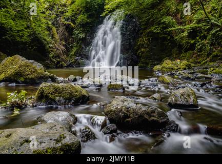 Une vue sur la pittoresque cascade de Gleno dans les Glens d'Antrim près de Larne Banque D'Images