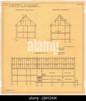 Rüster Emil (1883-1949), agrandissement du bâtiment de l'école à Penzing (env 1905-1909): 2 coupes transversales et section longitudinale 1: 100. Encre sur transparent, 47,1 x 42,7 cm (y compris les bords de numérisation) Banque D'Images