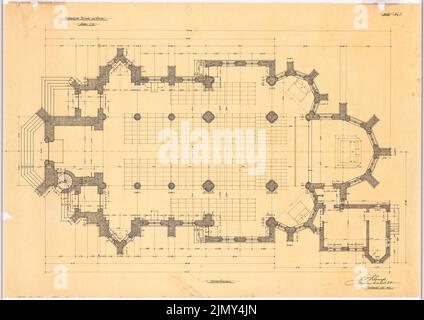 Klomp Johannes Franziskus (1865-1946), Saint-Liborius (avec presbytère), Dortmund-Körne (11,1903): Plan du rez-de-chaussée 1:50. Encre, encre colorée sur transparent, 69,4 x 98 cm (y compris les bords de numérisation) Banque D'Images