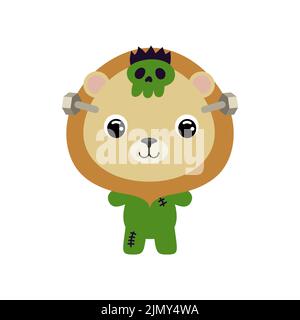 Mignon petit lion d'Halloween dans un costume de Frankenstein. Personnage animal de dessin animé pour enfants t-shirts, décoration de pépinière, douche de bébé, carte de voeux Illustration de Vecteur