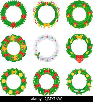 Ensemble couronne de Noël avec boules boucles cloches bonbon et fleurs dans le style de dessin animé Illustration de Vecteur
