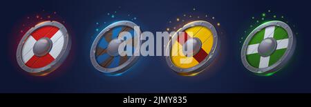 Icônes de boucliers ronds médiévaux pour la conception de jeux. Ensemble de dessins animés vectoriels de vieux cercles boucliers en bois avec cadre en acier pour viking, chevalier et armure de guerrier isolé sur fond Illustration de Vecteur