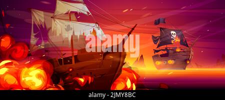 Bataille maritime de navires en bois au coucher du soleil. Illustration vectorielle de paysage marin avec galléon pirate avec voiles noires et canons de tir attaquent le voilier dans le feu Illustration de Vecteur