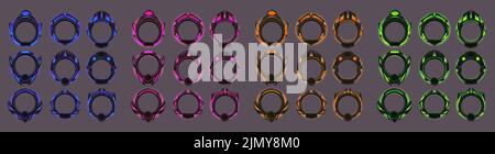 Cadres d'avatar de jeu de style futuriste. Ensemble de dessins animés vectoriels comprenant des éléments d'interface utilisateur de jeu, des cadres de cercle vides avec des tons de bleu, rose, vert et orange et une bordure en métal dans le style de science-fiction Illustration de Vecteur