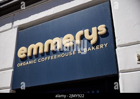 Emmerys Organic Coffeehouse & Bakery (boulangerie biologique danoise et chaîne de cafés), panneau ; Copenhague, Danemark Banque D'Images