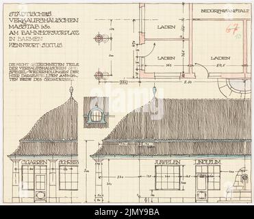 Rüster Emil (1883-1949), maison de vente urbaine sur la piste de la gare à Wuppertal-Barmen (sans dat.): Plan d'étage, vues et fenêtre de détail 1:50. Crayon et encre de couleur sur papier, 33 x 40,9 cm (y compris les bords de numérisation) Banque D'Images