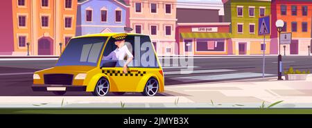 Chauffeur de taxi assis dans la voiture avec fenêtre ouverte attendant le passager dans la rue de la ville avec des maisons et zébra. Personnage masculin de cabarbie expérimenté en automobile jaune, service de taxi, illustration vectorielle de dessin animé Illustration de Vecteur