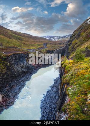 Le pittoresque canyon de Studlagil est un ravin à Jokuldalur, dans l'est de l'Islande. Célèbres formations rocheuses de basalte par colonnes et Jokl Banque D'Images