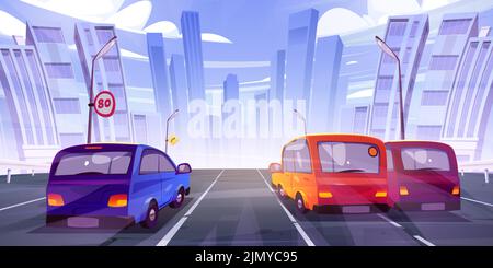 Voitures roulant sur l'autoroute, vue arrière sur fond urbain avec gratte-ciel. Automobiles modernes à cheval vers mégalopole le long de la route asphaltée avec clôture, panneaux, lampes Illustration du vecteur de dessin animé Illustration de Vecteur